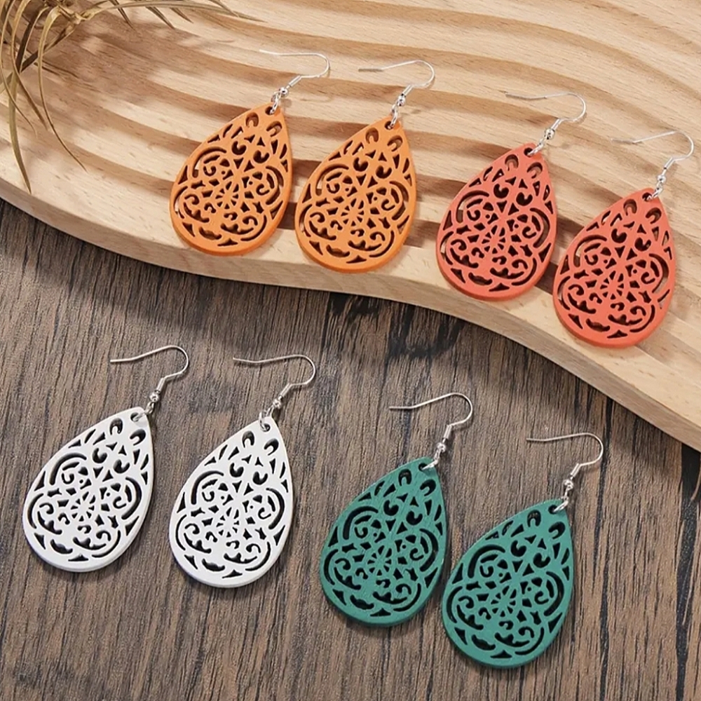 Boho Earrings / Wood Carved Earrings / 4 Pair of Earrings
